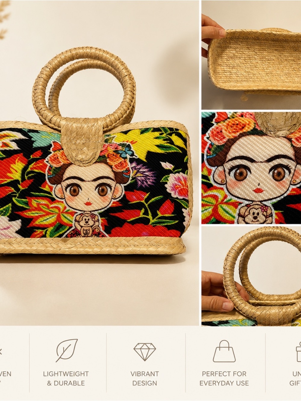 Frida Kahlo Inspired Handwoven Straw Floral Boho Handbag